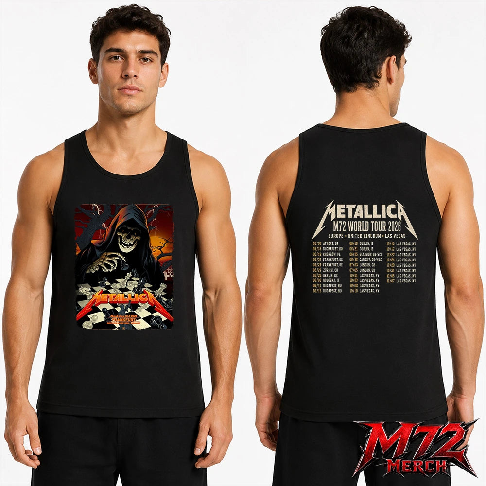 Metallica World Tour M72 May 22 & 24 2026 Frankfurt Germany Deutsche Bank Park Grim Reaper Chess Two Sided Tank top